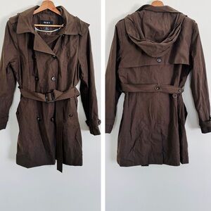 DKNY Hooded Trench Coat in Olive Brown